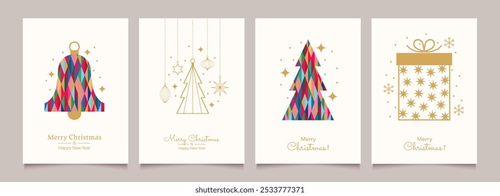 Fröhliche Weihnachten und Frohes neues Jahr Grußkarten, Poster, Hintergründe zum Feiertag.
Moderne Kollektion von minimalistischen geometrischen Elementen zu Weihnachten. Weihnachtsschmuck im flachen Design. 
