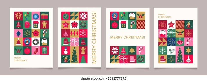 Merry Christmas and Happy New Year collection of greeting cards, posters, holiday backgrounds. Minimalist geometric elements. Modern Xmas party invitation. Vector illustration
