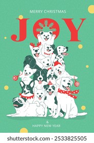 Merry Christmas and Happy New Year greeting card with cute dogs forming Christmas tree shape,Christmas dogs,for banner, poster, cover template