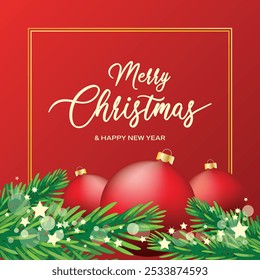 Merry Christmas and Happy New Year greeting card with red baubles and green tree vector illustration. Merry Christmas red background with balls and spruce branch. Template for banner, card