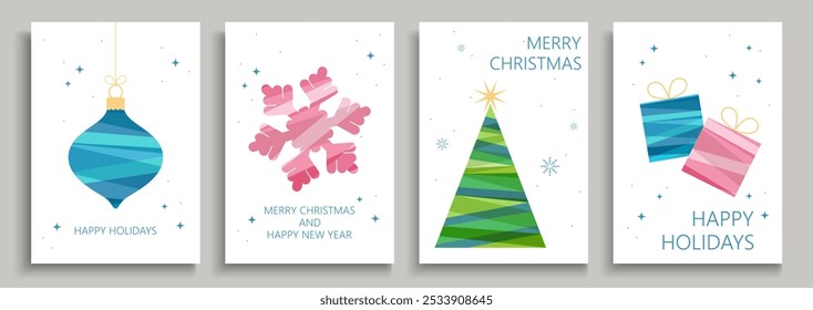 Feliz Navidades y feliz año Nuevo, copos de nieve, árbol de Navidad, regalos, juguete del árbol de Navidad, conjunto de tarjetas de Navidad para su diseño, Ilustración vectorial de invierno.