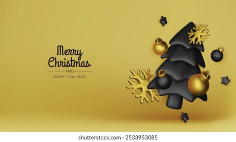 Merry Christmas and happy new year background. Christmas tree, Gift boxes, Christmas balls. Christmas element for web, banners, greeting card, template design.