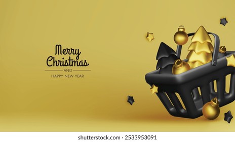 Merry Christmas and happy new year background. Christmas tree, Gift boxes, Christmas balls. Christmas element for web, banners, greeting card, template design.