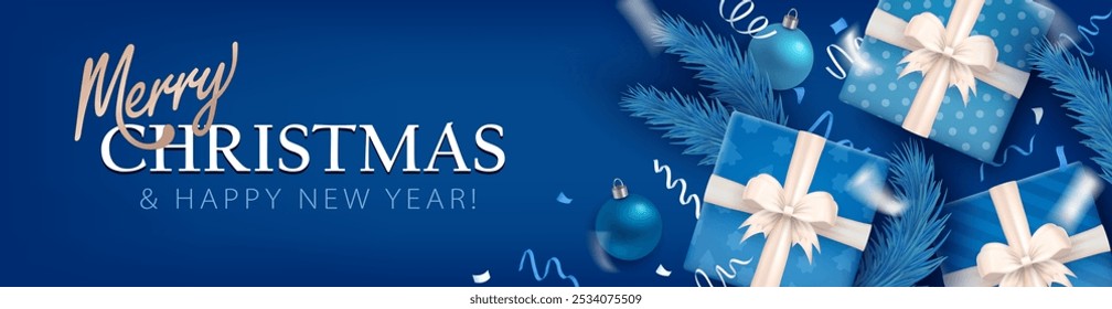 Merry Christmas and Happy New Year panoramic greeting card or header with 3d cyan gift boxes, candy canes, silver confetti, baubles and icy fir branches (Xmas tree) frame on wide blue background