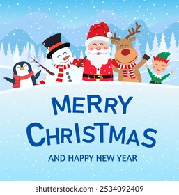 merry christmas and happy new year background and card, santa claus, reindeer, snowman, penguin cartoon cute. Vector illustration in flat style