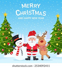 merry christmas and happy new year background and card, santa claus, reindeer, snowman cartoon cute. Vector illustration in flat style