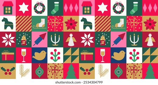 Merry Christmas and Happy New Year seamless pattern. Minimalist geometric elements. Trendy abstract background. Holiday decoration. Simple flat vector illustration.
