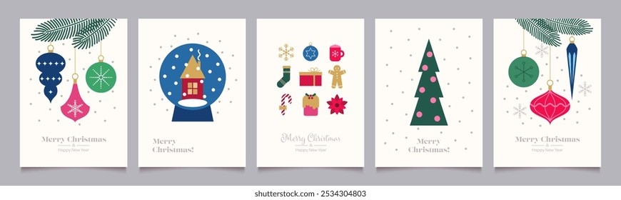 Merry Christmas and Happy New Year Set of greeting cards, posters, holiday backgrounds.
Modern collection of Christmas minimalist geometric elements.
