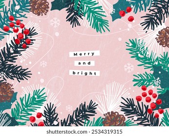 Feliz Natal e feliz ano novo cartão de saudação, capa. Design de Natal bonito com quadro feito de ramos de árvore de Natal, cones, bagas, padrão floco de neve. Banner desenhado à mão na moda, modelo de cartaz