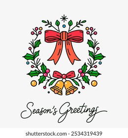 Merry Christmas and Happy New Year greeting card. Christmas wreath of Holly with bow, balls and bells. Vector illustration in linear style