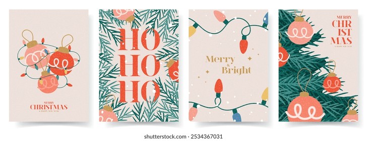 Merry Christmas and Happy New Year greeting flyers. Trendy vector illustration with Christmas decoration and typography design. Minimalist New Year posters for card, poster, cover, social media.