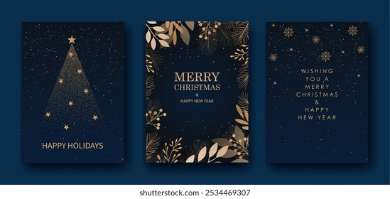 Felices Navidades y Feliz Año Nuevo. Tarjeta de felicitación o Plantilla de invitación con árbol de Navidad dorado sobre fondo azul.