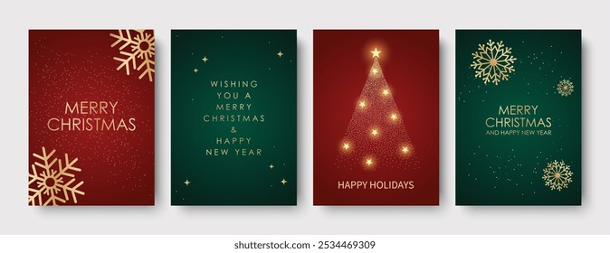 Merry Christmas and Happy New Year greeting card with golden snowflakes and Christmas tree.