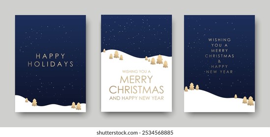 Merry Christmas and Happy New Year greeting card. Christmas trees and snow on blue background. Vector illustration.