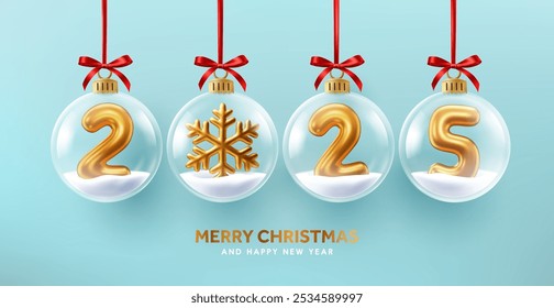 Feliz Natal e Feliz Ano Novo 2025 Baubles com números dourados, flocos de neve, elemento de Natal e fitas vermelhas no fundo azul claro, Natal e Ano Novo Celebração Design.Vetor ilustração