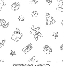 Merry Christmas Happy New Year seamless pattern. Vector illustration doodles, thin line art sketch icons style concept. Hand drawing Christmas ornament. Gingerbread man, tangerine, chocolate cookies