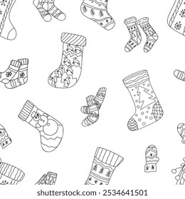 Merry Christmas Happy New Year seamless pattern. Vector illustration doodles, thin line art sketch icons style concept. Hand drawing Christmas ornament. Christmas stockings and socks