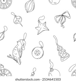 Merry Christmas Happy New Year seamless pattern. Vector illustration doodles, thin line art sketch icons style concept. Hand drawing Christmas ornament. Baubles