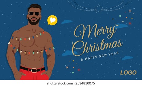 Merry Christmas and Happy New Year banner with a muscle man with a beard on dark blue background