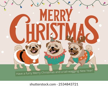 Feliz Natal e feliz ano novo cartão de saudação, modelo de banner. Pugs bonitos desenhos animados em trajes de Natal com mensagem festiva