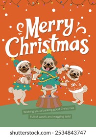 Feliz Natal e feliz ano novo cartão de saudação, modelo de cartaz. Pugs bonitos desenhos animados em trajes de Natal com mensagem festiva