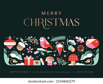 Merry Christmas and Happy New Year  background, banner, poster design with trendy flat style illustration.