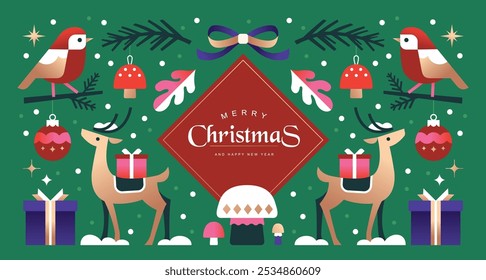 Merry Christmas and Happy New Year  background, banner, poster design with trendy flat style illustration.