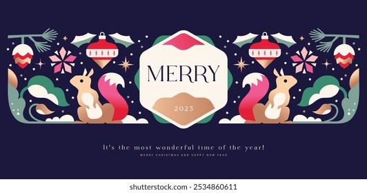 Merry Christmas and Happy New Year  background, banner, poster design with trendy flat style illustration.