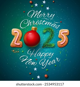 Merry Christmas and Happy New Year 2025 poster, greeting card, template, vector illustration.