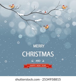 Merry Christmas and Happy new year background,Cute birds family happy on winter night,vector illustration