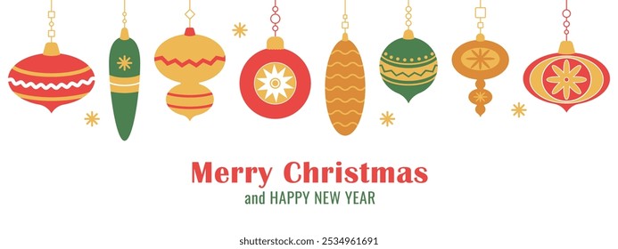 Merry Christmas and Happy New Year horizontal banner. Greeting card with hanging Christmas tree balls, decorations, baubles.  Xmas design for print, postcard, cover, template, poster, invitations