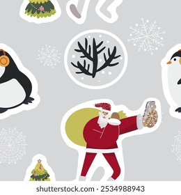 Merry Christmas and Happy New Year! Seamless pattern, sports santa, new year symbol, hand drawn vector illustration.