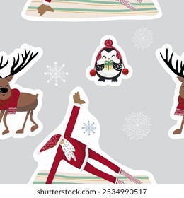 Merry Christmas and Happy New Year! Seamless pattern, sports santa, new year symbol, hand drawn vector illustration.