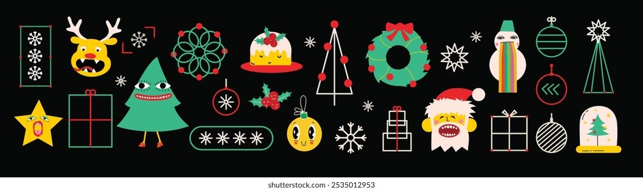 Merry Christmas and Happy New Year Set for backgrounds, greeting cards, posters, holiday covers. Xmas templates with typography and season wishes in modern geometric style for web, social media, print