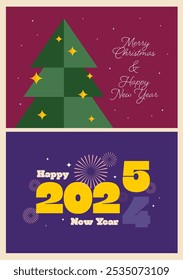 Feliz Natal e Feliz Ano Novo conjunto de cartões de felicitações. Design moderno Xmas com tipografia, árvore de Natal. Banner de modelos de vetor, cartaz, capa de feriado