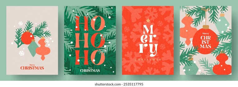 Feliz Natal e feliz ano novo cartão de saudação Set. Design moderno de Natal bonito com tipografia, ramos de árvore de Natal, bolas, padrão floco de neve. Mínimo art banner, poster, modelos de capa