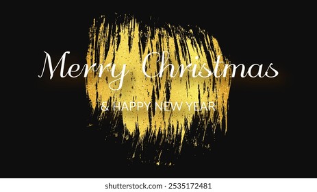 Merry Christmas and Happy New Year white incription with shadow on gold smear. Abstract backdrop for Christmas holiday greeting card, flyers or posters. Vector illustration