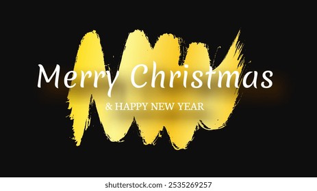 Merry Christmas and Happy New Year white incription with shadow on gold smear. Abstract backdrop for Christmas holiday greeting card, flyers or posters. Vector illustration