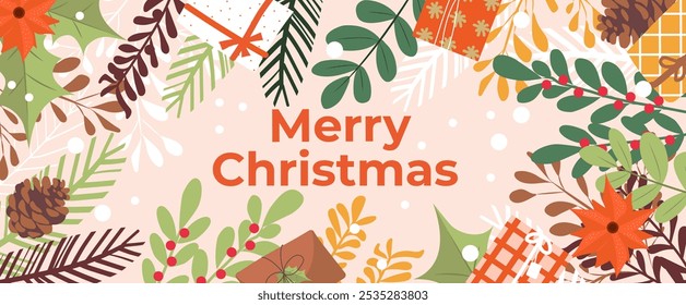 Feliz Natal e feliz ano novo cartão de saudação ou web cabeçalho banner. Tipografia Xmas design com ramos de árvore de Natal, plantas de inverno, flocos de neve. Cartaz de arte mínima, modelo de capa