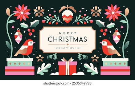 Feliz Natal e Feliz Ano Novo fundo, banner, design de cartaz com ilustração estilo liso na moda.