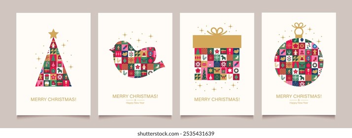 Merry Christmas and Happy New Year collection of greeting cards, posters, holiday backgrounds. Minimalist geometric elements. Modern Xmas party invitation. Vector illustration.
