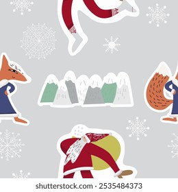 Merry Christmas and Happy New Year! Seamless pattern, sports santa, new year symbol, hand drawn vector illustration.