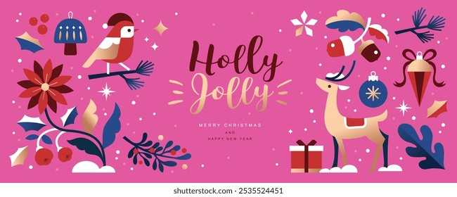 Merry Christmas and Happy New Year  background, banner, poster design with trendy flat style illustration.