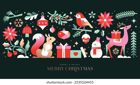 Merry Christmas and Happy New Year  background, banner, poster design with trendy flat style illustration.