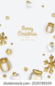 Merry Christmas and happy new year background. Christmas tree, Gift boxes, Christmas balls. Christmas element for web, banners, greeting card, template design.