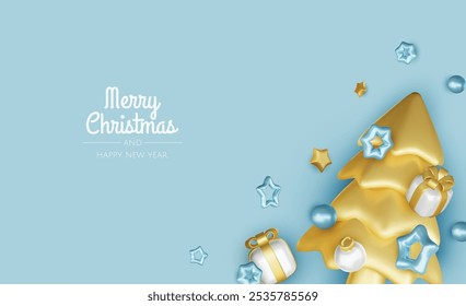 Merry Christmas and happy new year background. Christmas tree, Gift boxes, Christmas balls. Christmas element for web, banners, greeting card, template design.