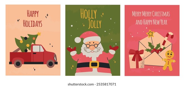 Merry Christmas and Happy New Year greeting cards collection set with Santa Claus, old pickup, xmas tree, gift, ginger man
