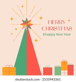 Merry Christmas and Happy New Year card.Modern design, holiday gifts, winter elements,Christmas tree and Xmas decorations. Colorful vector illustration in flat geometric style.EPS10