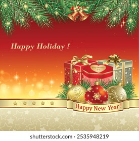 Merry Christmas and Happy New Year background. Gift boxes, balls, fir branches. Holiday composition decorated  ribbon with congratulation text. Holiday banner, web poster, greeting card, 3D vector 