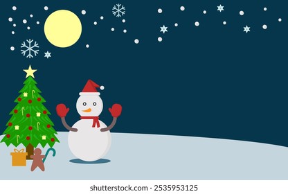 Merry christmas and happy new year decorated with snowman and others on blue background.